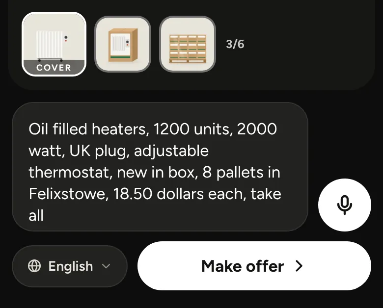 Offer Maker: three photos of the heaters, the deal typed in plain words, and the Make offer button