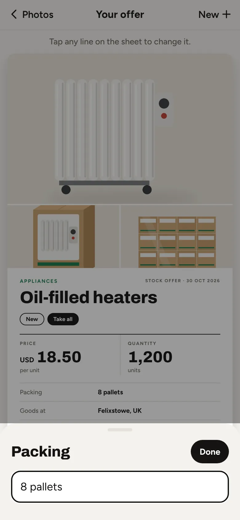 Offer Maker: changing one line of an offer sheet, the packing, in a small editor