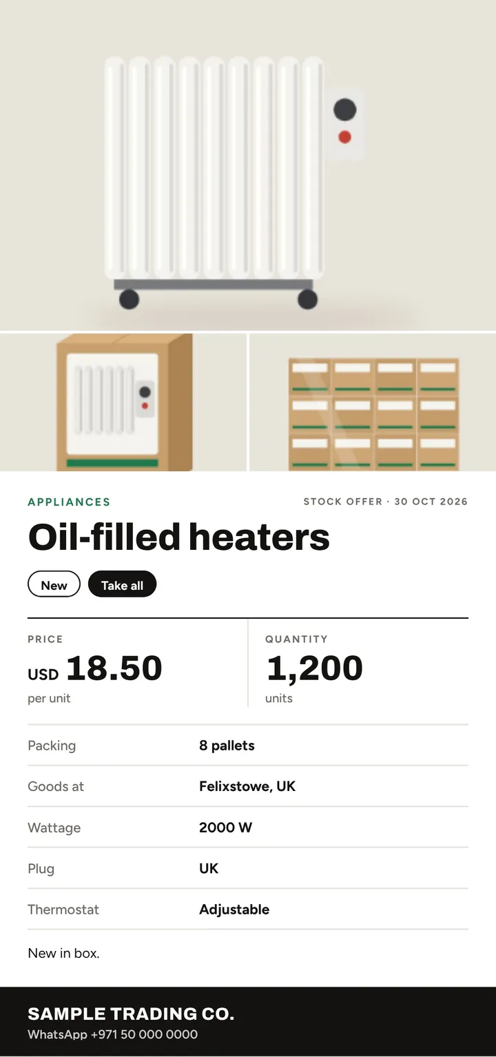 The finished offer sheet picture: oil-filled heaters, USD 18.50 per unit, 1,200 units, packing, location and details